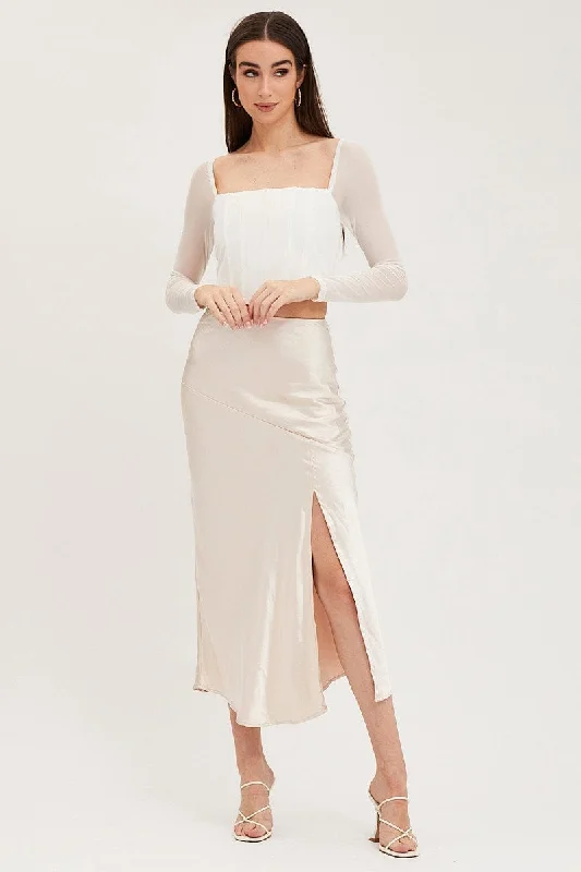 Beige Slip Skirt Front Split Satin seamless skirt comfort