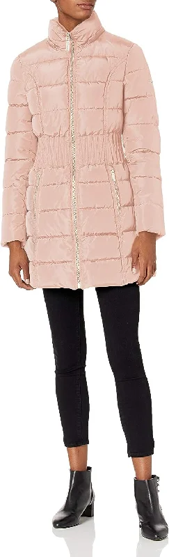 LAUNDRY BY SHELLI SEGAL Women's 3/4 Puffer Jacket with Zig Zag Cinched Waist and Faux Fur Trim Hood, Dusty Pink Coat Jacket