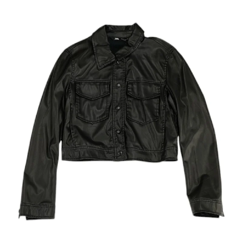 Black Solid Faux Leather Jacket