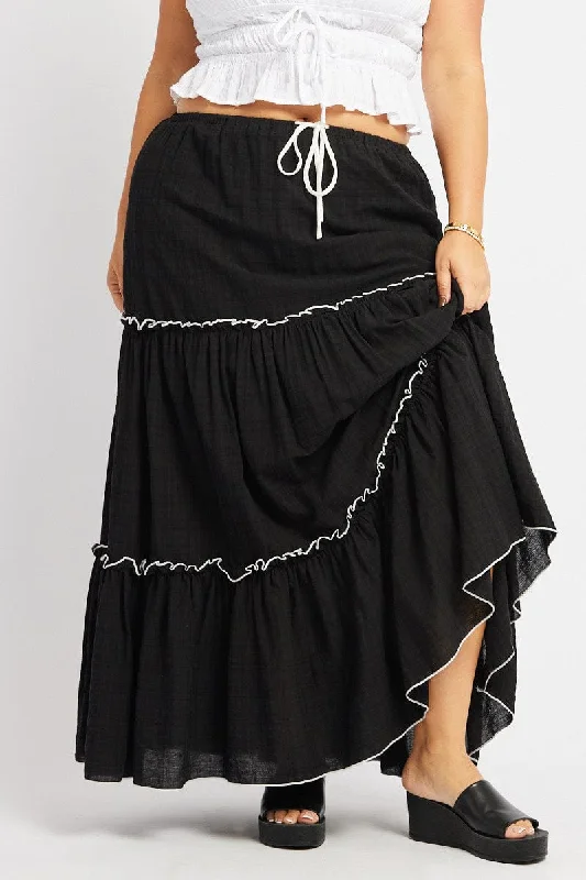 Black Tier Contrast Tie Maxi Skirt lace skirt intricate