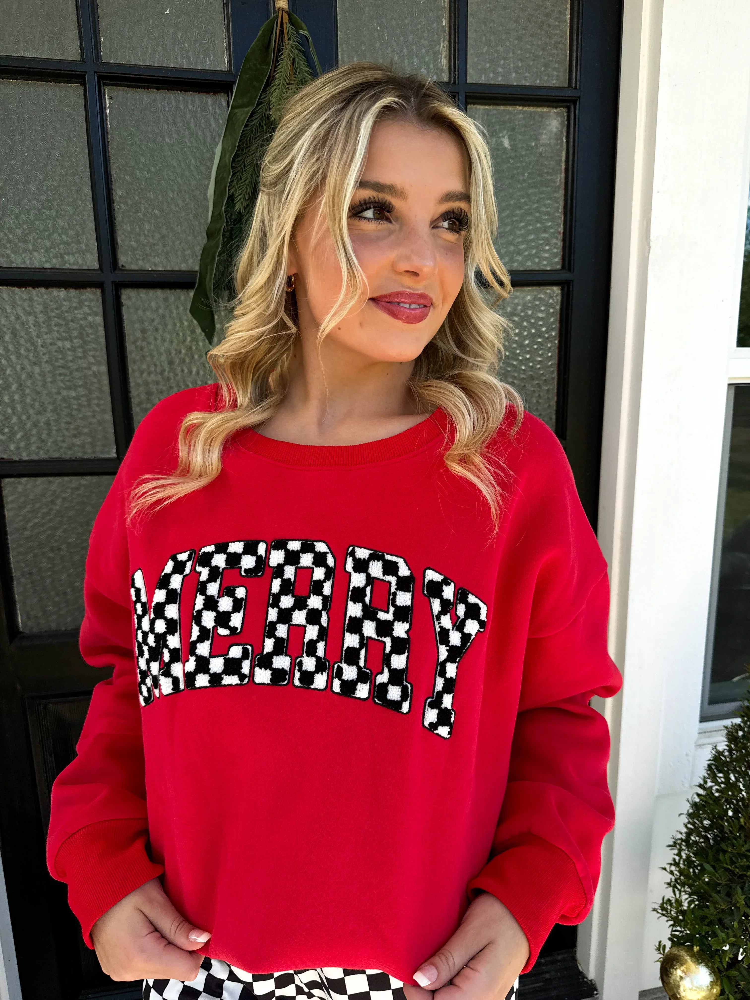 Blakeley Sherpa Checkered Patch Letters "Merry" Sweatshirt Hoodie with Ribbed Neckline Snug Warm Blakeley Sherpa Checkered Patch Letters "Merry" Sweatshirt Hoodie with Ribbed Neckline Snug Warm