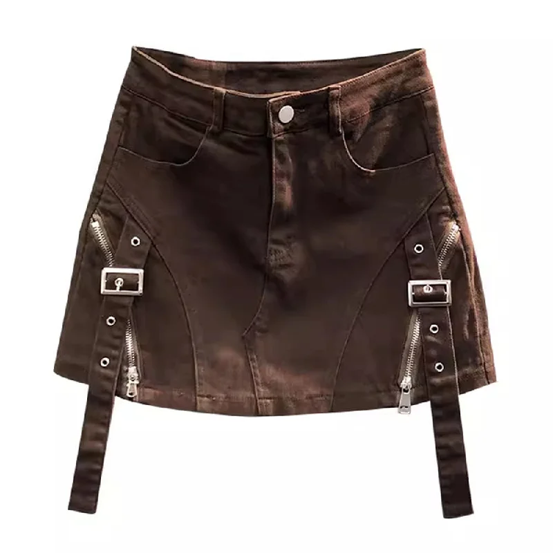 Brown Denim Buckle Skirt denim skirt casual