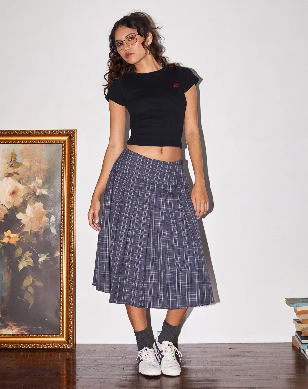 Catelyn Pleated Midi Skirt in Navy Check asymmetrical skirt cut
