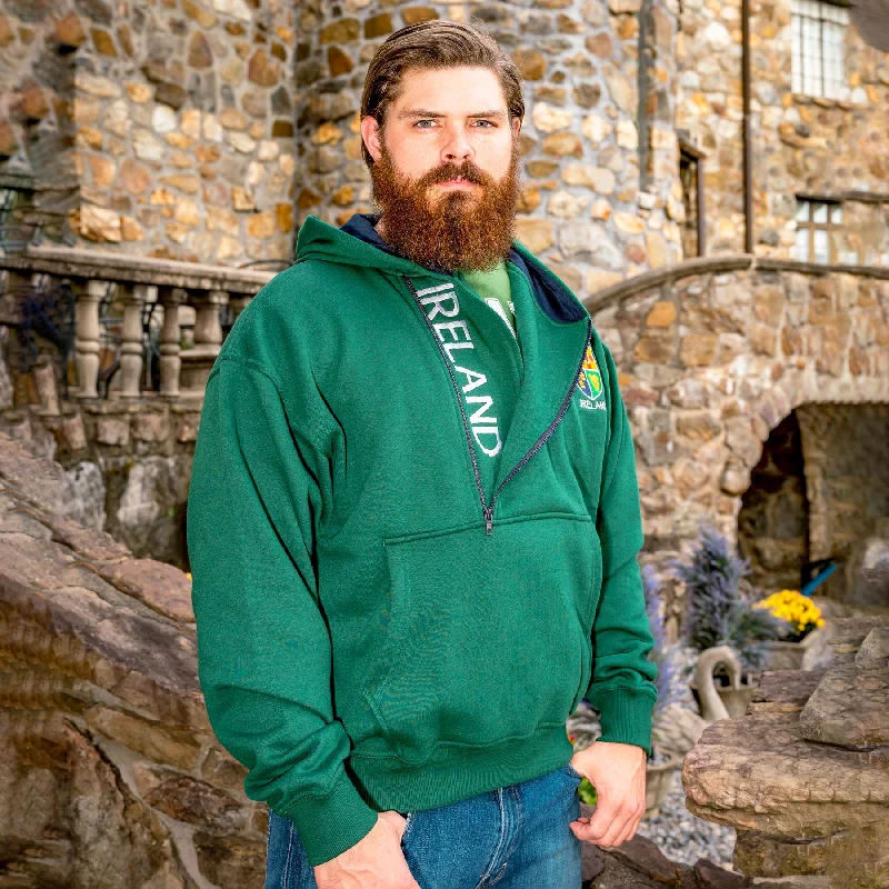 Ireland Half Zip Hoodie, Green Cotton Hoodie Fleece Lining Warmth