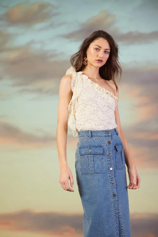 Denim Button Down Midi Skirt velvet skirt luxurious
