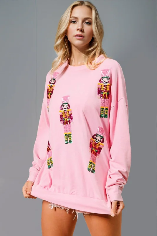 Double Take Sequin Nutcracker Round Neck Long Sleeve Sweatshirt Hoodie with Rolled Sleeves Casual Relaxed Double Take Sequin Nutcracker Round Neck Long Sleeve Sweatshirt Hoodie with Rolled Sleeves Casual Relaxed