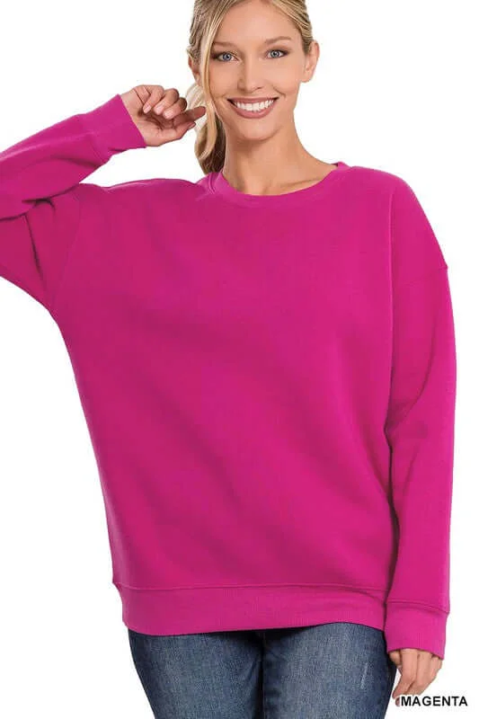 Drop Shoulder Round Neck Sweatshirt Hoodie with Side Slits Relaxed Casual