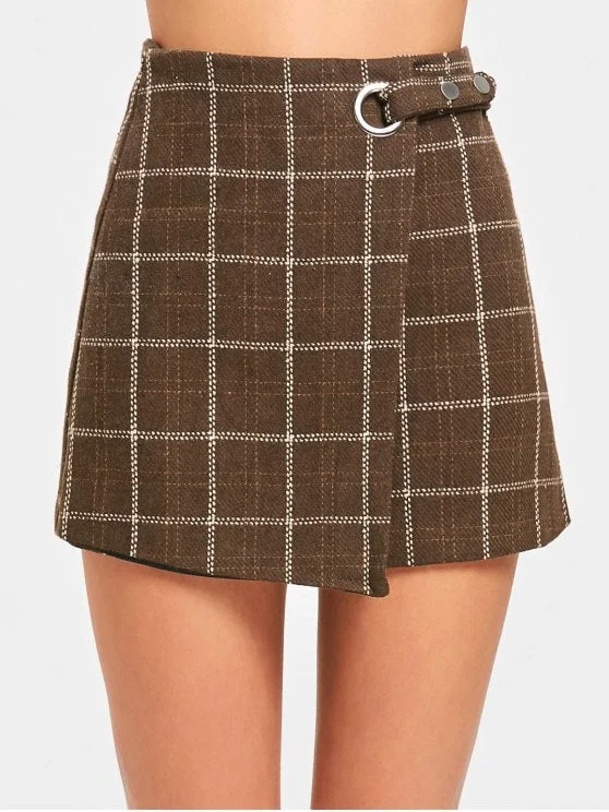 Fashion High Waist Embellished Checked Mini Skirt leather skirt sleek