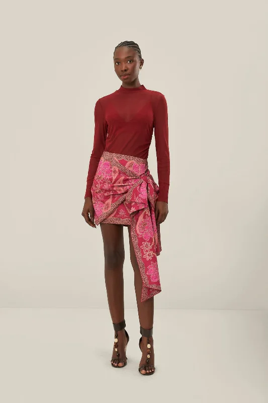 Red Floral Glam Scarf Tie Gathering Mini Skirt lightweight skirt design
