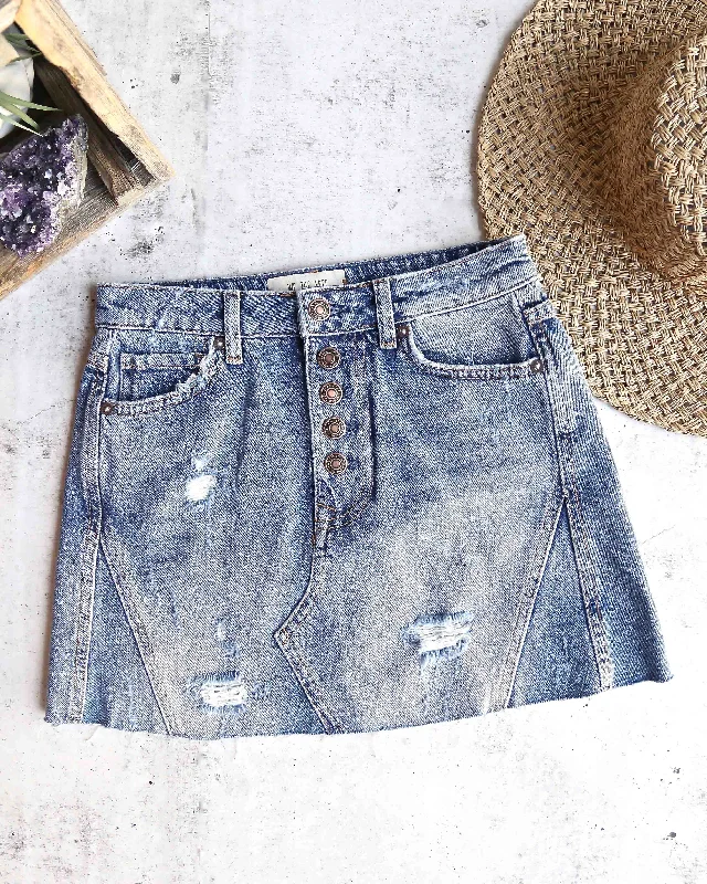 Free People - Distressed Raw Hem Denim A-Line Skirt in Indigo/Blue tiered skirt playful