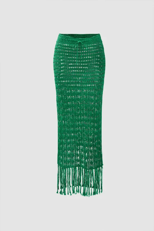 Fringe Hem Openwork Knit Cover Up Skirt denim skirt fashionable