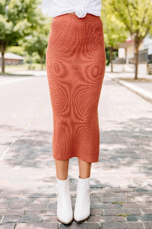 Get It Going Marsala Orange Ribbed Midi Skirt ruffled skirt detail