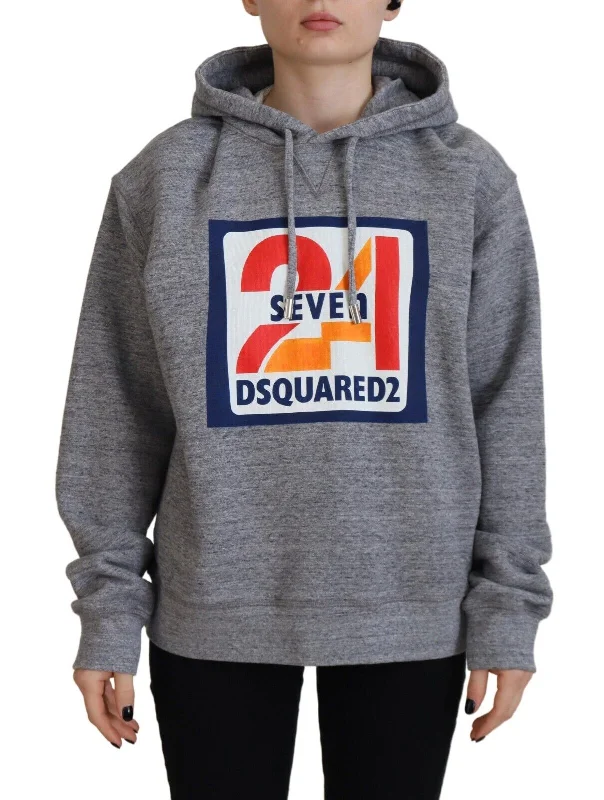 Gray Logo Print Cotton Hoodie Sweatshirt Sweater Hoodie with Stripes Bold Sporty