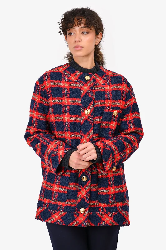 Gucci Navy/Red Wool Blended Checked Tweed Jacket Size 42