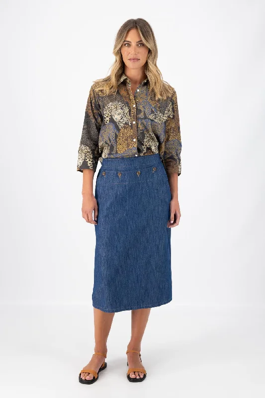 Hepburn Panorama Mid Wash Denim Skirt leather skirt modern