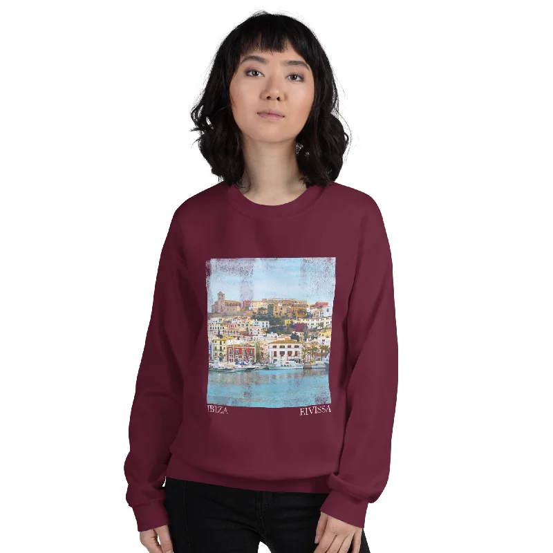 Ibiza Town Photo Print Women's Sweatshirt Burgundy Hoodie with Button Classic Timeless Ibiza Town Photo Print Women's Sweatshirt Burgundy Hoodie with Button Classic Timeless