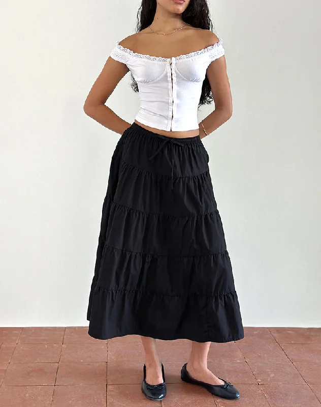 Izumi Tiered Midi Skirt in Poplin Black tiered skirt playful