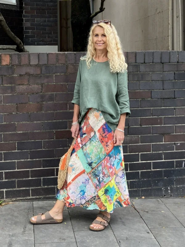 Jiva Midi Linen Prudence Skirt- Patchwork pleated skirt texture