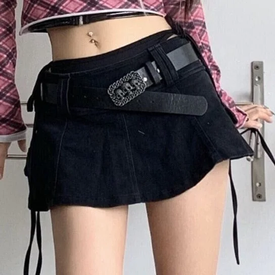 Low Waist Mini Solid Black Punk Denim Skirt Black or White belted skirt waist