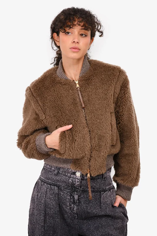 Max Mara Brown Alpaca/Virgin Wool Bomber Jacket Size 4