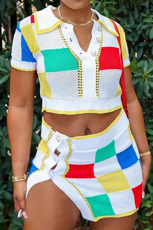 Color Block Knit Top and Split Mini Skirt Set mini skirt trendy