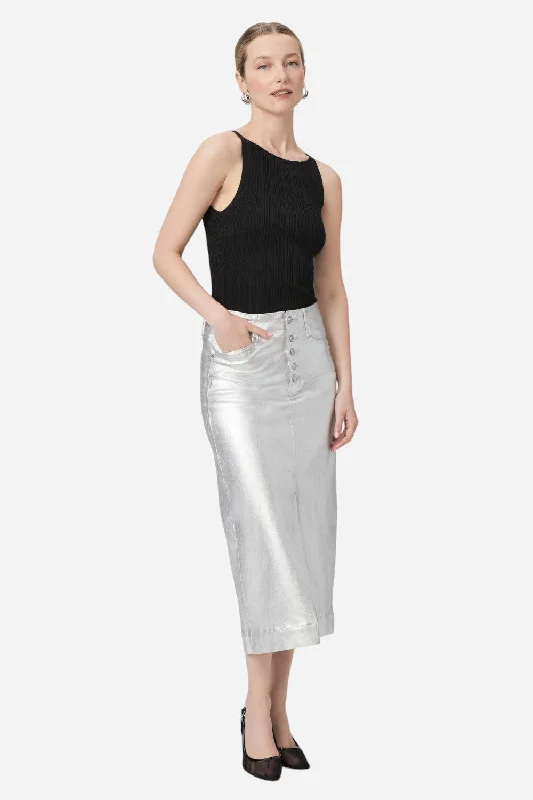 Paige Meadow Midi Skirt in Platinum Silver Luxe Coating linen skirt natural