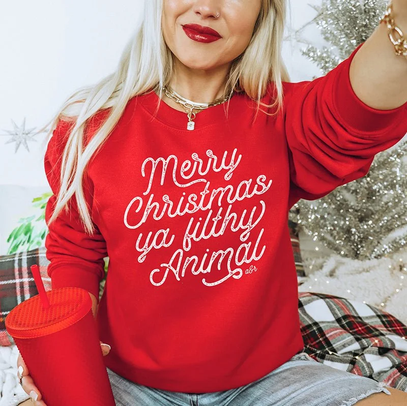 Merry Christmas Ya Filthy Animal Crewneck Sweatshirt Hoodie with Exposed Zipper Edgy Industrial Merry Christmas Ya Filthy Animal Crewneck Sweatshirt Hoodie with Exposed Zipper Edgy Industrial