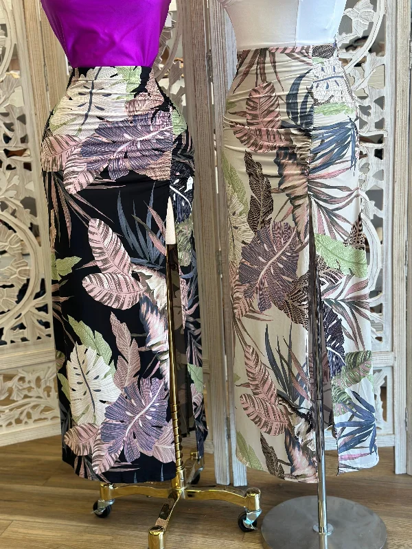 Midi Leaf Pattern Skirt - Estira, Stretchy linen skirt breathable