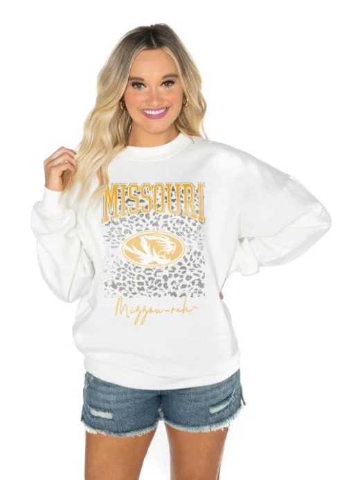 Mizzou Tigers Women's Gameday Couture Mizzou RAH Oval Tiger Head Cheetah White Sweatshirt Hoodie with Neon Bright Vibrant
