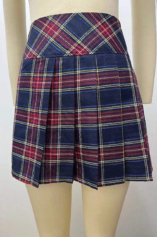 Navy Plaid Pleated Skirt denim skirt trendy