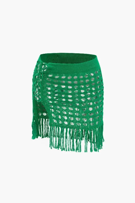 Openwork Knit Fringe Mini Skirt chiffon skirt floaty