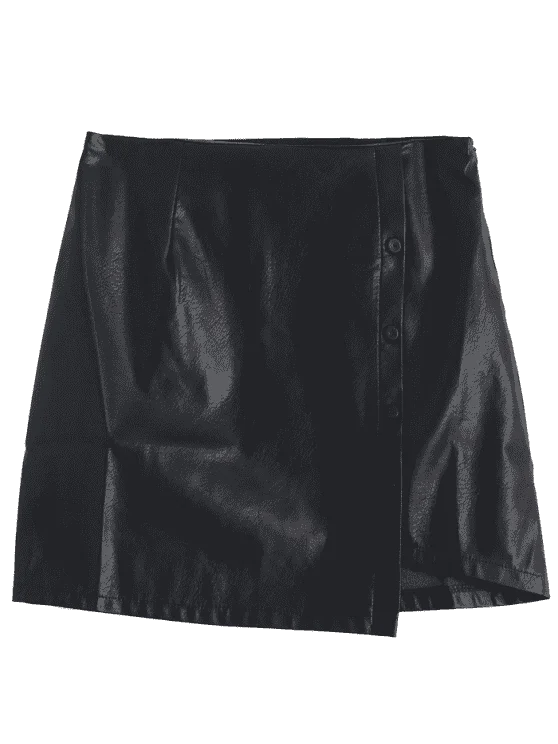 Pretty Button Detail PU Leather Skirt casual skirt length