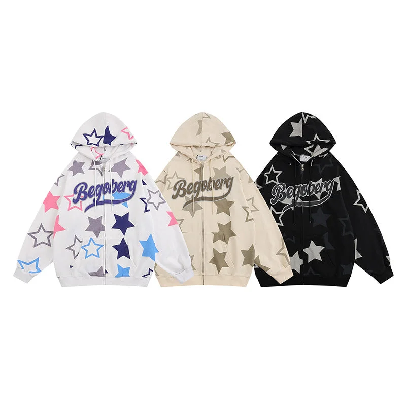 Retro XINGX Printed Zipper Brushed Hoody Men And Women Hoodie with Turtle Neck Cozy Winter