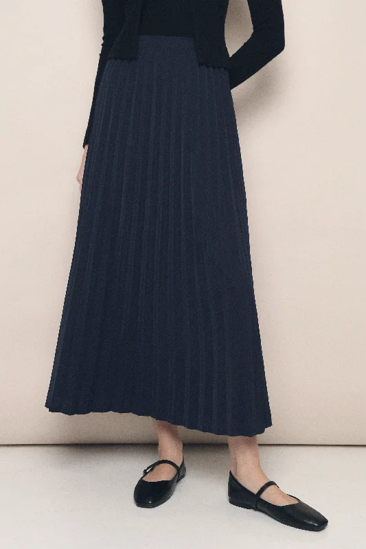 Rory Classy Pleat Midi Skirt Midnight Navy velvet skirt glossy