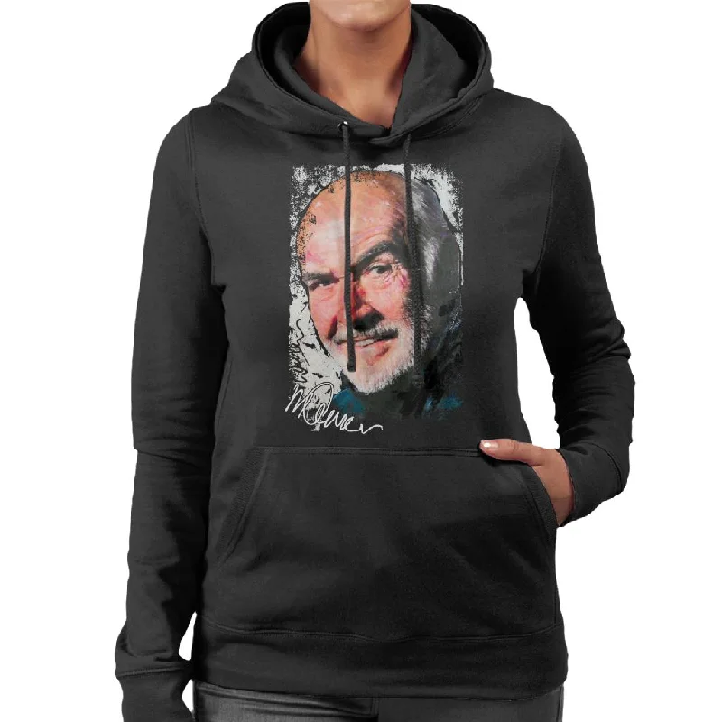 Sidney Maurer Original Portrait Of Actor Sean Connery Women's Hooded Sweatshirt Hoodie with Hem Frayed Vintage Worn Sidney Maurer Original Portrait Of Actor Sean Connery Women's Hooded Sweatshirt Hoodie with Hem Frayed Vintage Worn