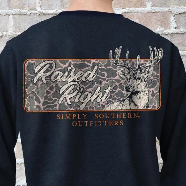 Simply Southern Raised Right Camouflage Deer Crew Sweatshirt Hoodie with Set-In Sleeves Structured Classic Simply Southern Raised Right Camouflage Deer Crew Sweatshirt Hoodie with Set-In Sleeves Structured Classic
