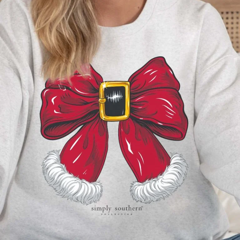 Simply Southern Santa Bow Holiday Christmas Crew Sweatshirt Hoodie with Hem Ribbing Snug Secure Simply Southern Santa Bow Holiday Christmas Crew Sweatshirt Hoodie with Hem Ribbing Snug Secure