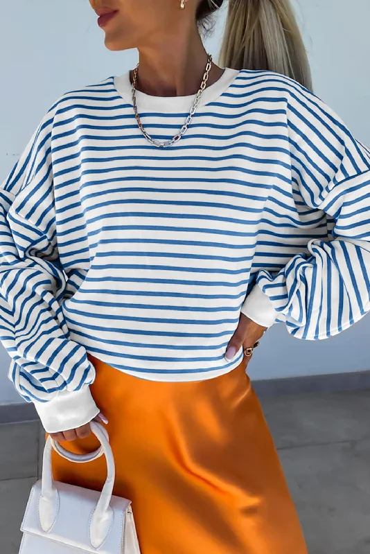 Striped Long Sleeve Sweatshirt Hoodie with Puffed Sleeves Voluminous Trendy