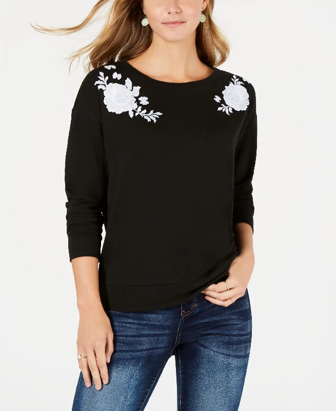 Style & Co Floral Applique Sweatshirt Hoodie with Button Placket Classic Preppy