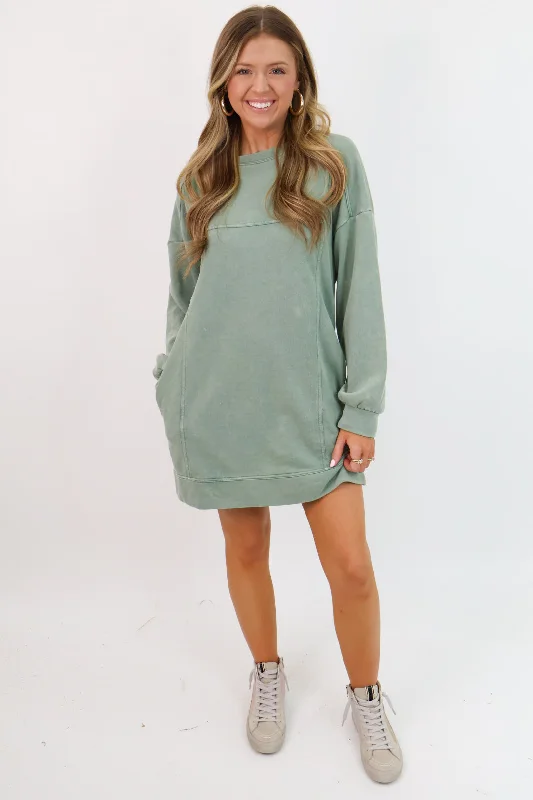 Casual Sweatshirt Dress - Washed Sage Hoodie with Lace Feminine Delicate