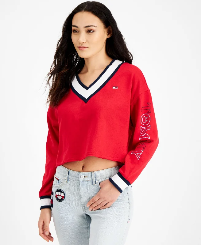 Tommy Jeans Contrast Trim Cropped Sweatshirt Hoodie with Drawcord Adjustable Secure