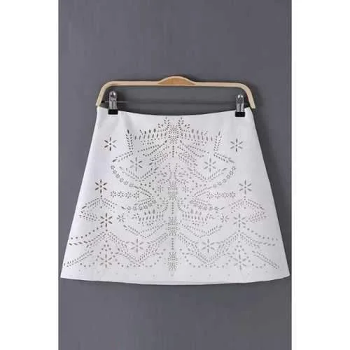 Fashionable Floral Pattern Openwork Zipper Fly Skirt For Women - White S floral skirt print