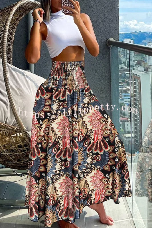 Unique Printed Pleated Elastic Waist Holiday Casual Maxi Skirt linen skirt light