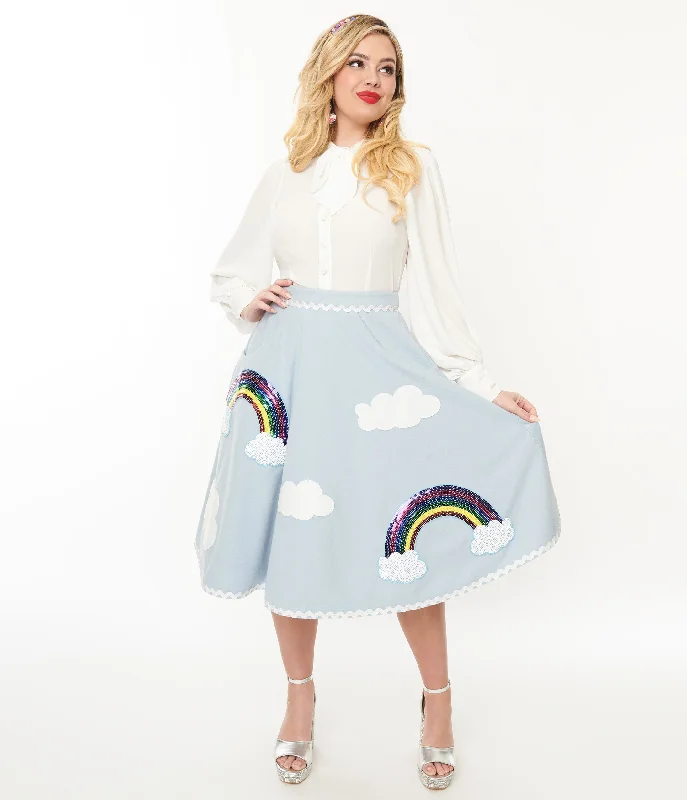 Unique Vintage 1950s Light Blue & Rainbow Sequin Soda Shop Swing Skirt denim skirt stylish