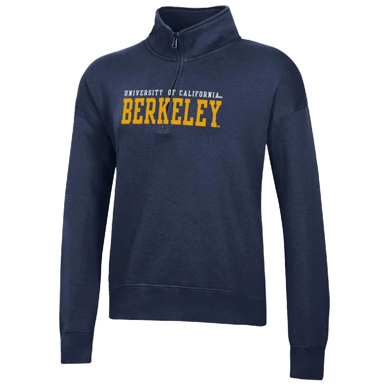 University of California Berkeley felt embroidered Big Cotton women's 1/4 Zip sweatshirt-Navy Hoodie with High Neck Warm Protective University of California Berkeley felt embroidered Big Cotton women's 1/4 Zip sweatshirt-Navy Hoodie with High Neck Warm Protective