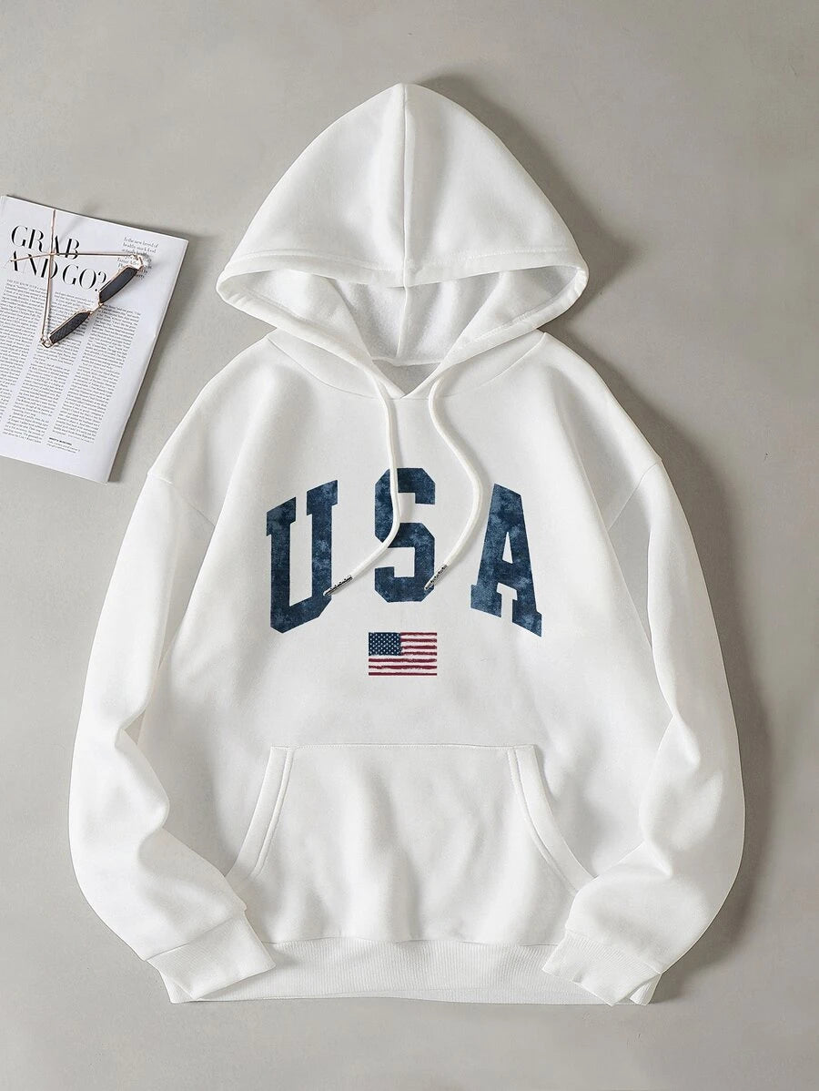 USA Flag Print Drawstring Thermal Lined Hoodie Hoodie with Hem Ribbing Snug Secure
