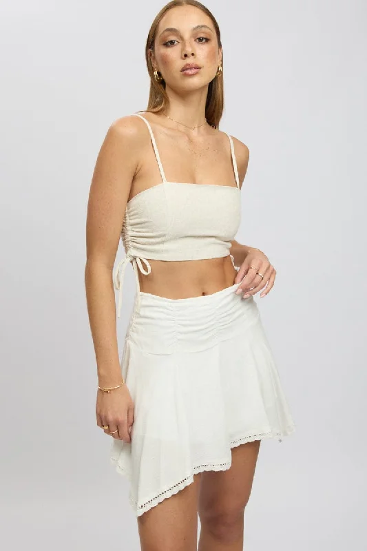 White Scarf Hem Skirt High Rise Mini Lined spandex blend skirt