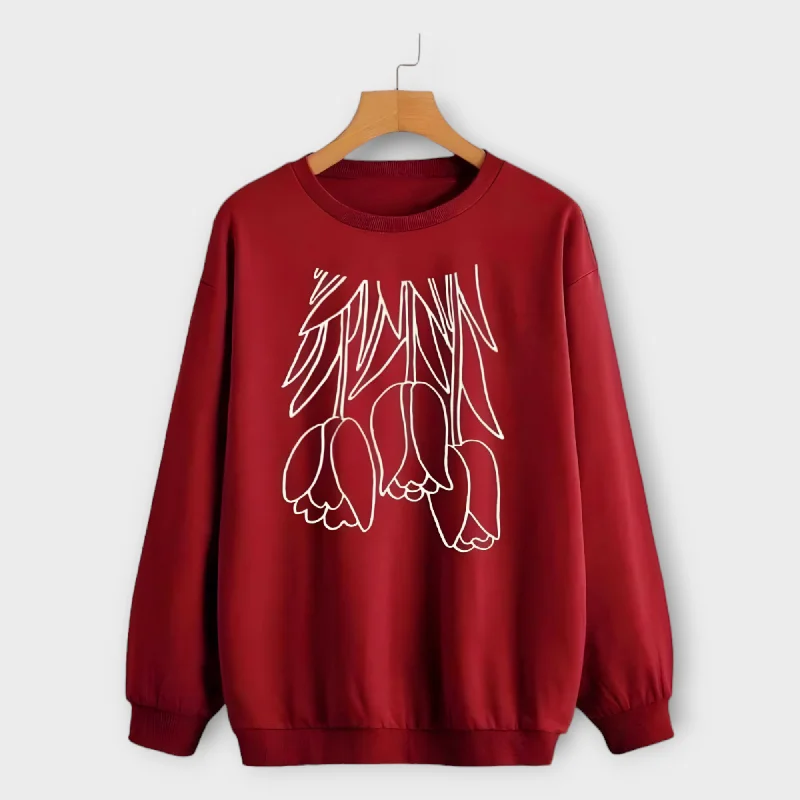Winter Printed Red Sweatshirt For Womens Hoodie with V-Neck Classic Versatile