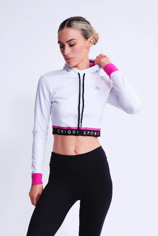 Fearless Crop Hoodie in White and Fuchsia Hoodie with Typography Text Message