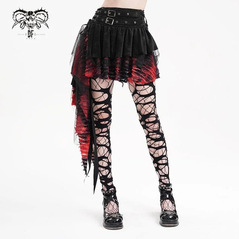Women's Gothic Eyelets Mesh Irregular Hem Skirt Black Red leather skirt refined
